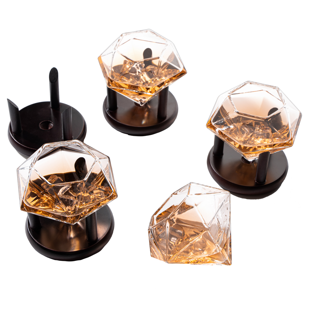 Set of 4 Diamond Whiskey & Wine Glasses With Wood Stands 10oz