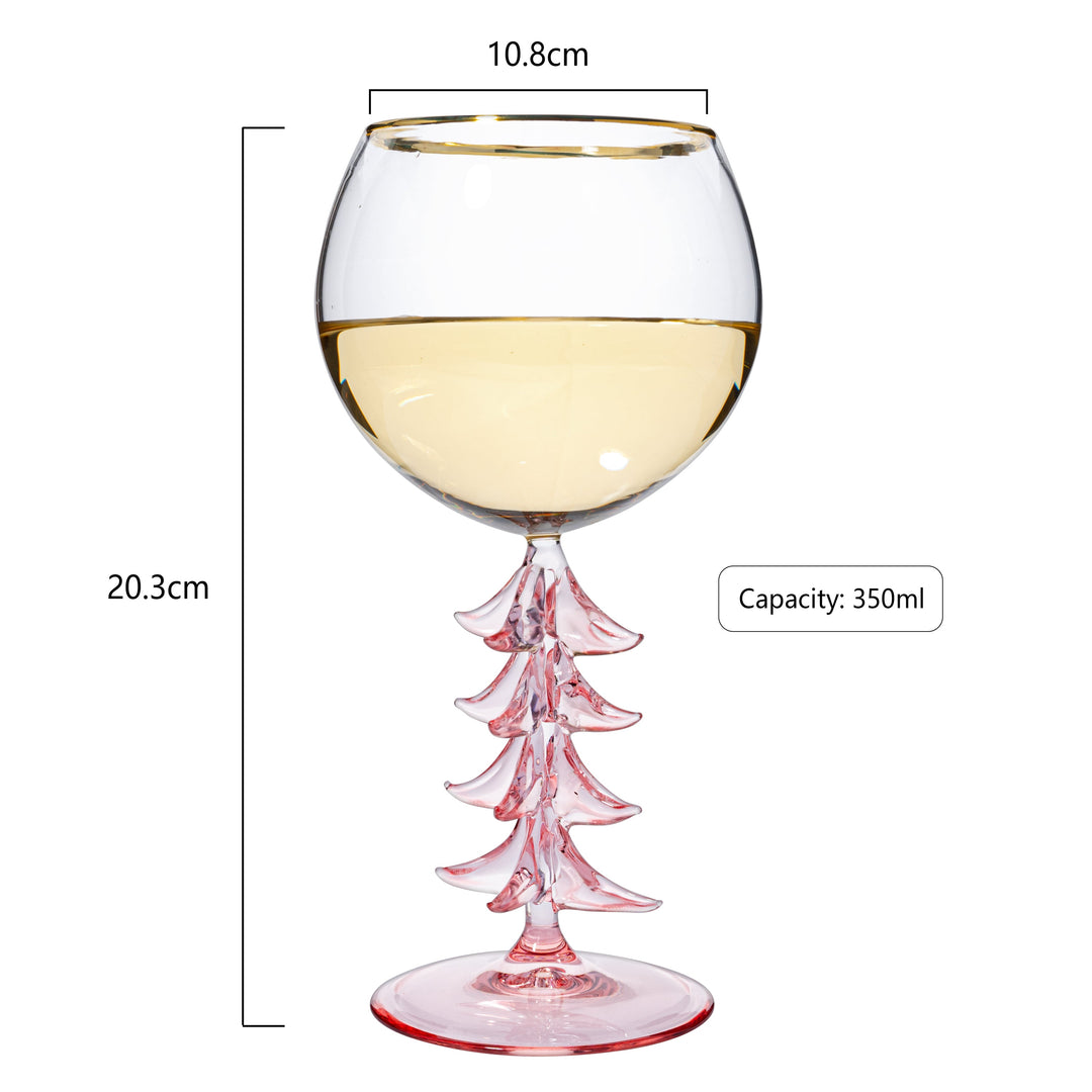 Crystal Christmas Holiday Tree Stemmed Wine Glass - Pink & Green - 12oz Goblet Bordeaux Gold Rim Colored Glassware, Cheerful Party Festive New Years Cheer for Holiday Gift Xmas & Winter Season by The Wine Savant