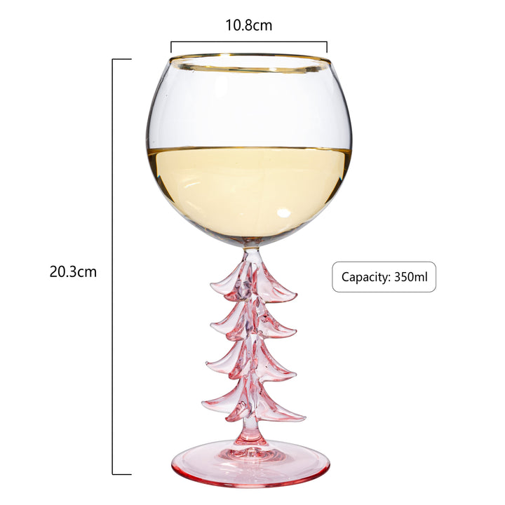 Crystal Christmas Holiday Tree Stemmed Wine Glass - Pink & Green - 12oz Goblet Bordeaux Gold Rim Colored Glassware, Cheerful Party Festive New Years Cheer for Holiday Gift Xmas & Winter Season by The Wine Savant