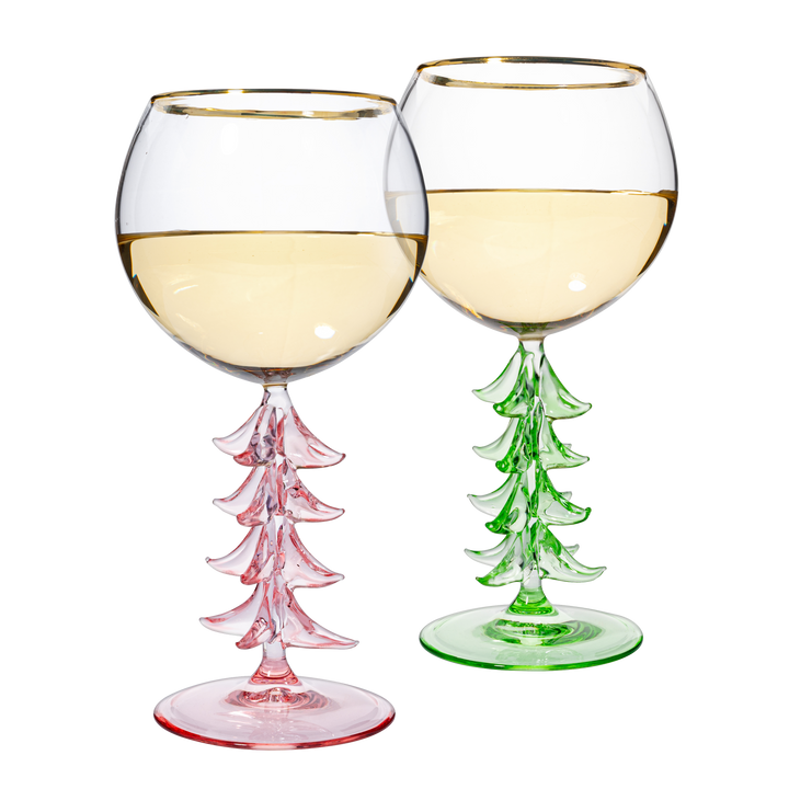 Crystal Christmas Holiday Tree Stemmed Wine Glass - Pink & Green - 12oz Goblet Bordeaux Gold Rim Colored Glassware, Cheerful Party Festive New Years Cheer for Holiday Gift Xmas & Winter Season by The Wine Savant