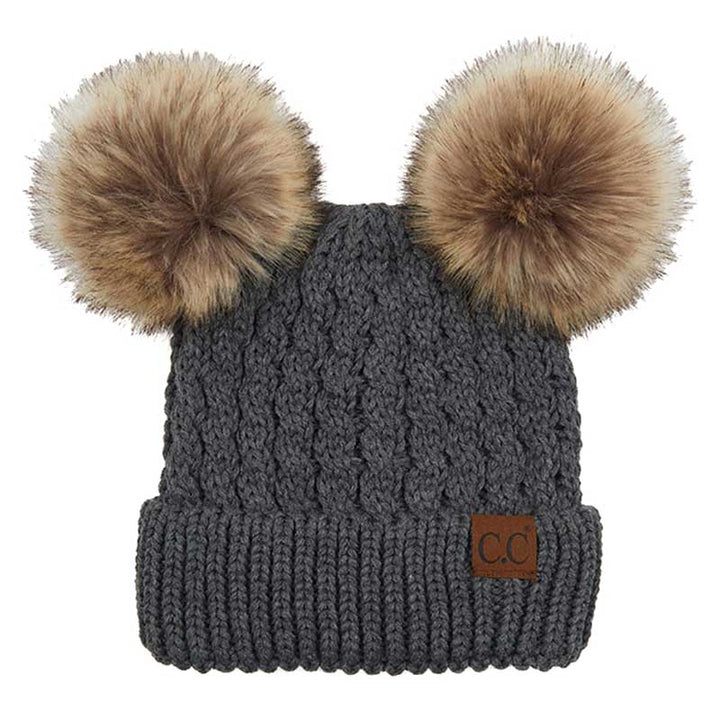 C.C Double Pom Pom All Over Cable Knit Beanie Hat by Madeline Love