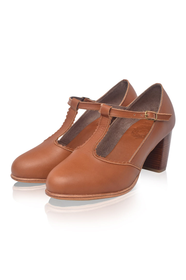 Pair of brown leather shoes with a T-strap design on a white background