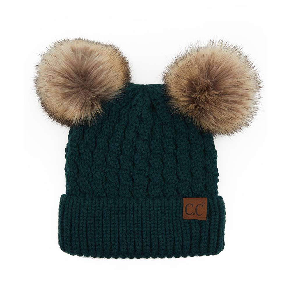 C.C Double Pom Pom All Over Cable Knit Beanie Hat by Madeline Love