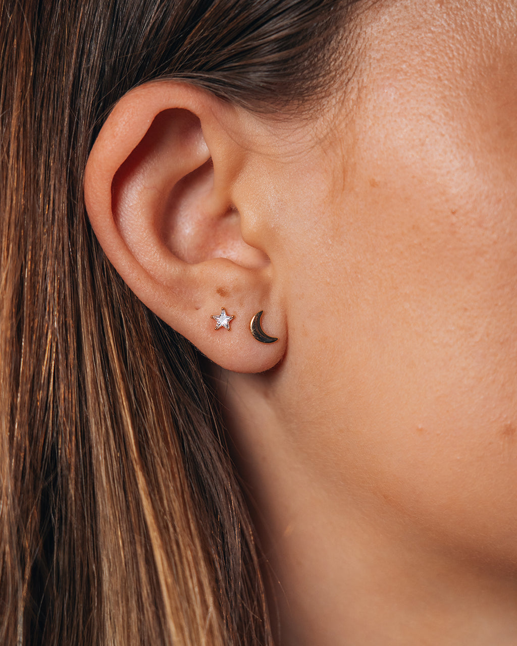 Crescent & CZ Star Stud Set
