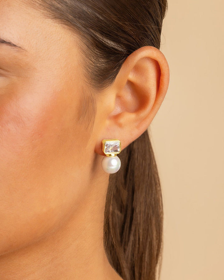 Hilda Pearl & Emerald Cut CZ Studs