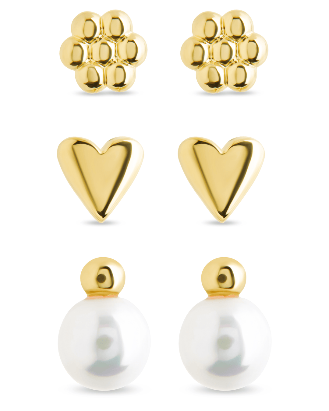 Irene Pearl, Flower, & Heart Stud Earring Set of 3