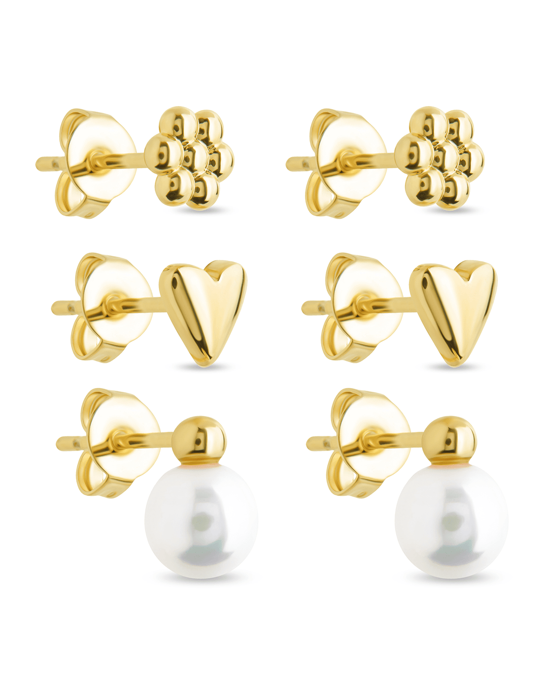 Irene Pearl, Flower, & Heart Stud Earring Set of 3
