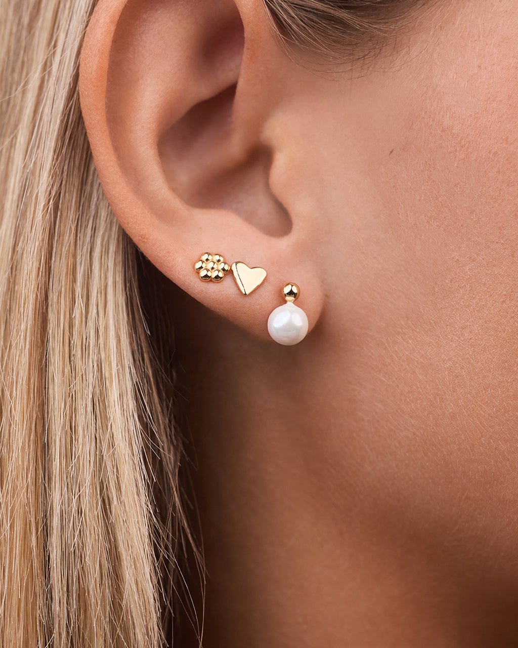 Irene Pearl, Flower, & Heart Stud Earring Set of 3