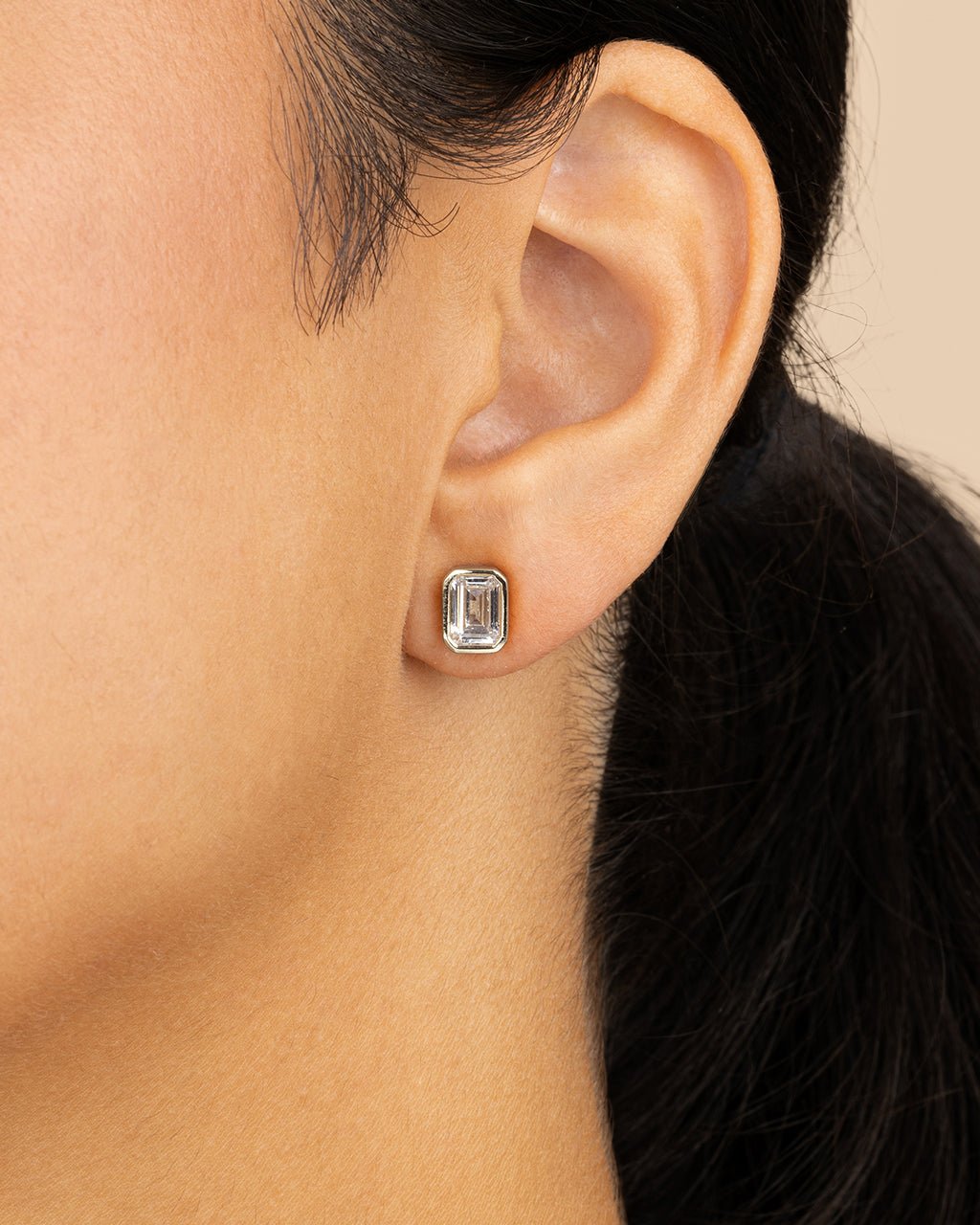 Emerald Cut Bezel Set Stud Earrings