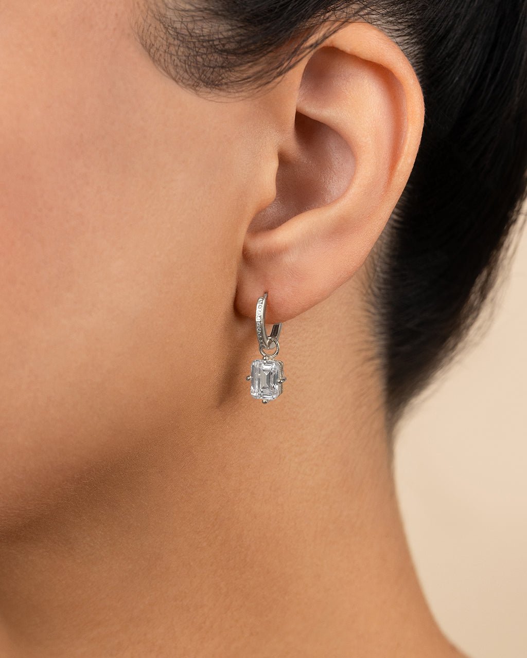 Emerald Cut CZ Micro Hoop Dangle Earrings
