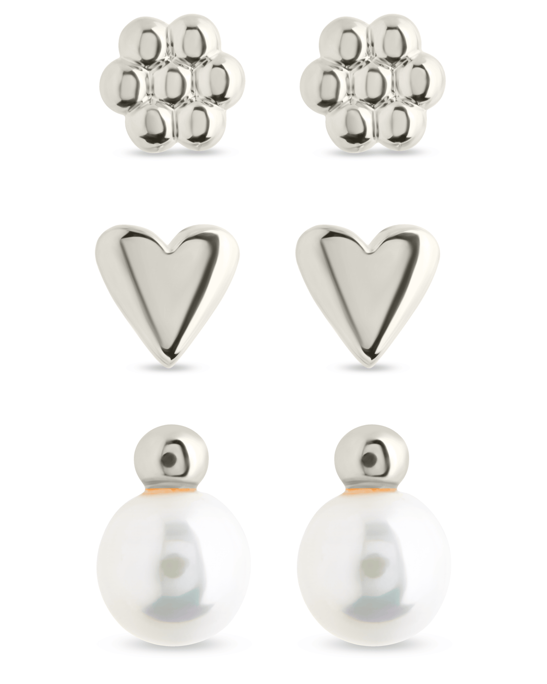 Irene Pearl, Flower, & Heart Stud Earring Set of 3