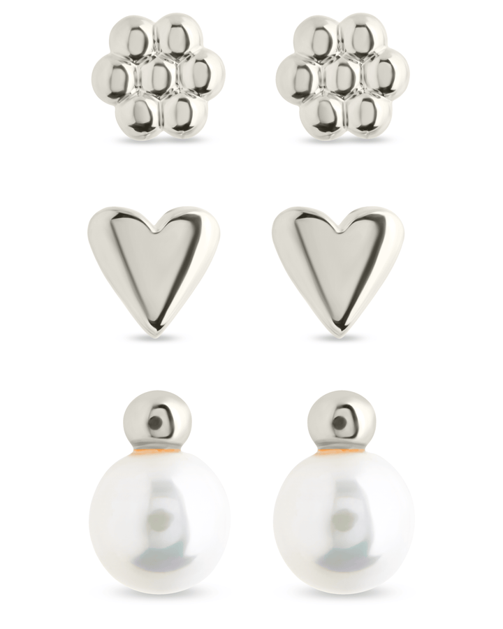 Irene Pearl, Flower, & Heart Stud Earring Set of 3