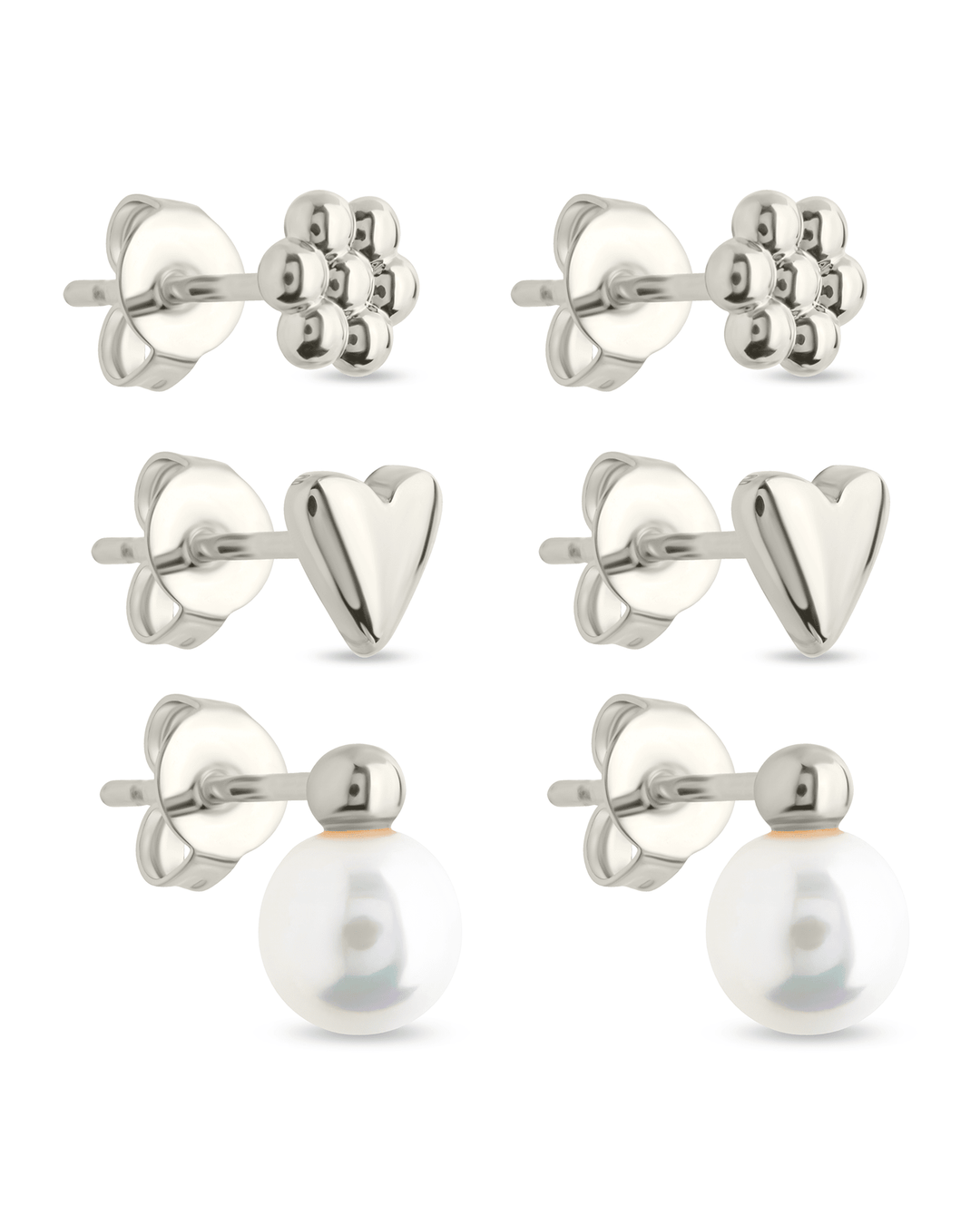 Irene Pearl, Flower, & Heart Stud Earring Set of 3