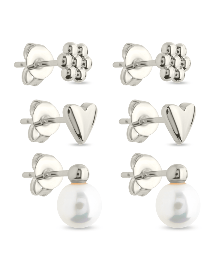 Irene Pearl, Flower, & Heart Stud Earring Set of 3