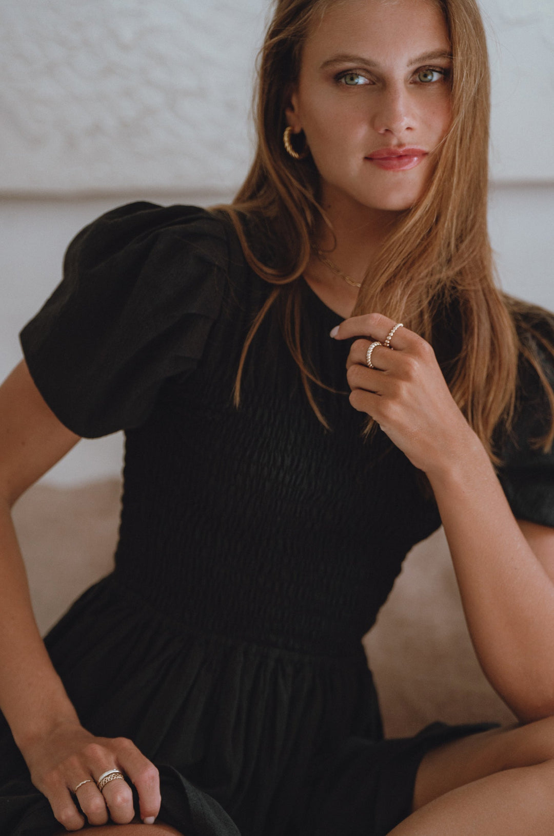 Elodie Smocked Linen Mini Dress by Bali Lane