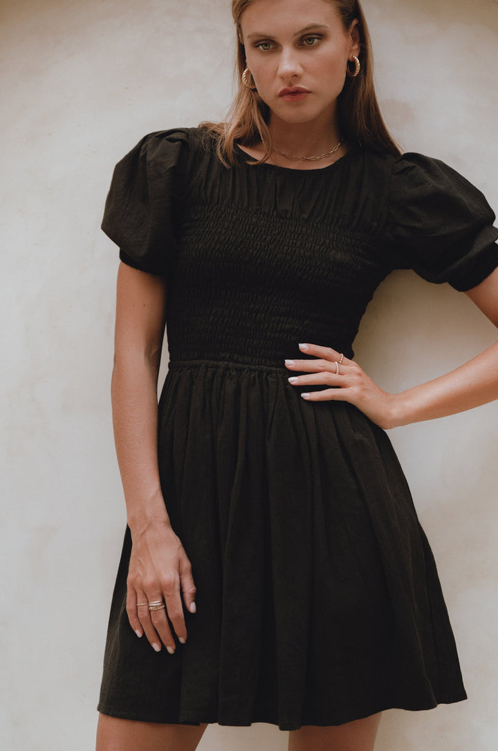 Elodie Smocked Linen Mini Dress by Bali Lane