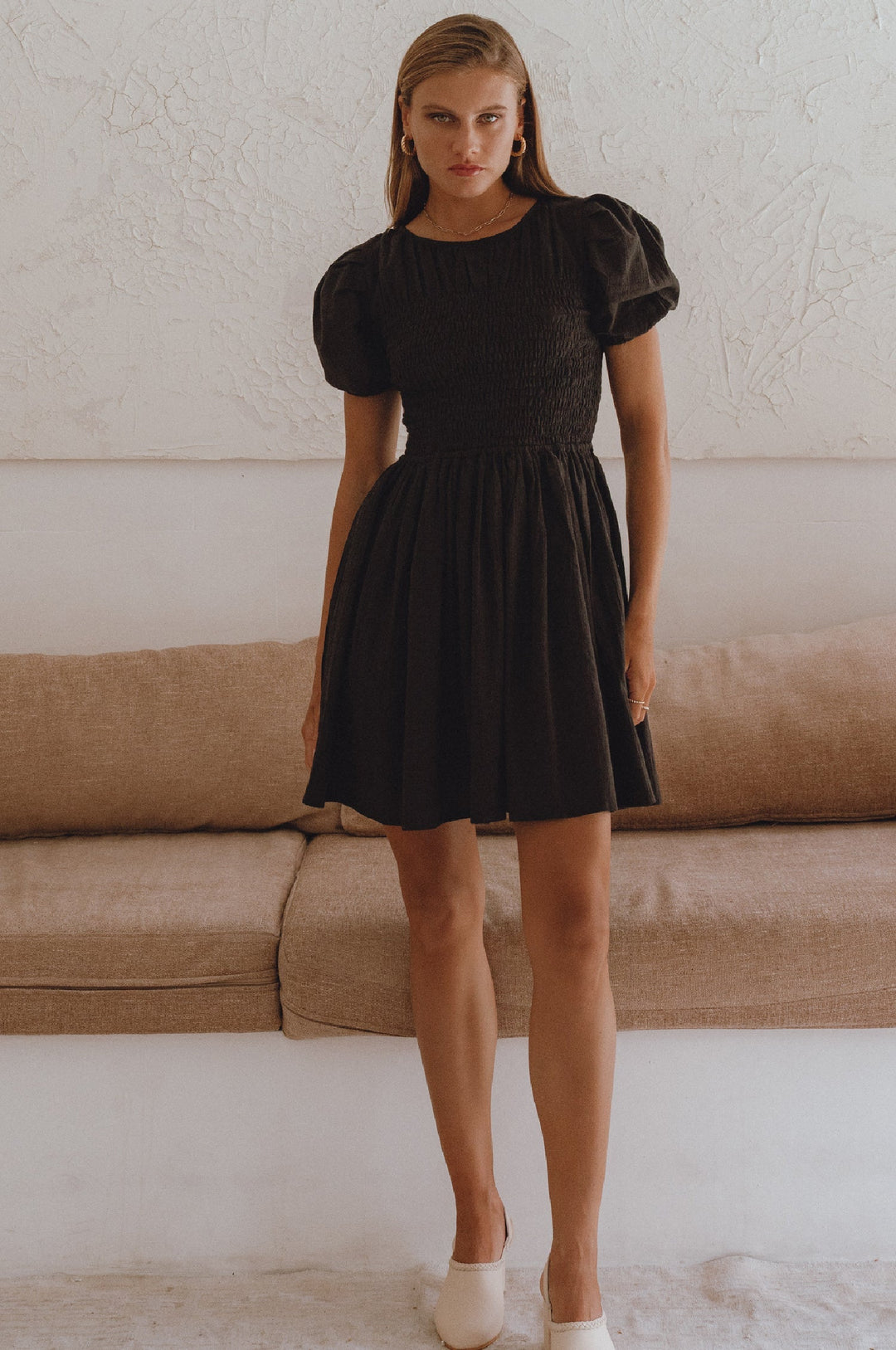 Elodie Smocked Linen Mini Dress by Bali Lane