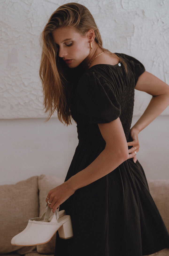 Elodie Smocked Linen Mini Dress by Bali Lane