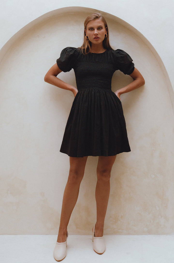 Elodie Smocked Linen Mini Dress by Bali Lane