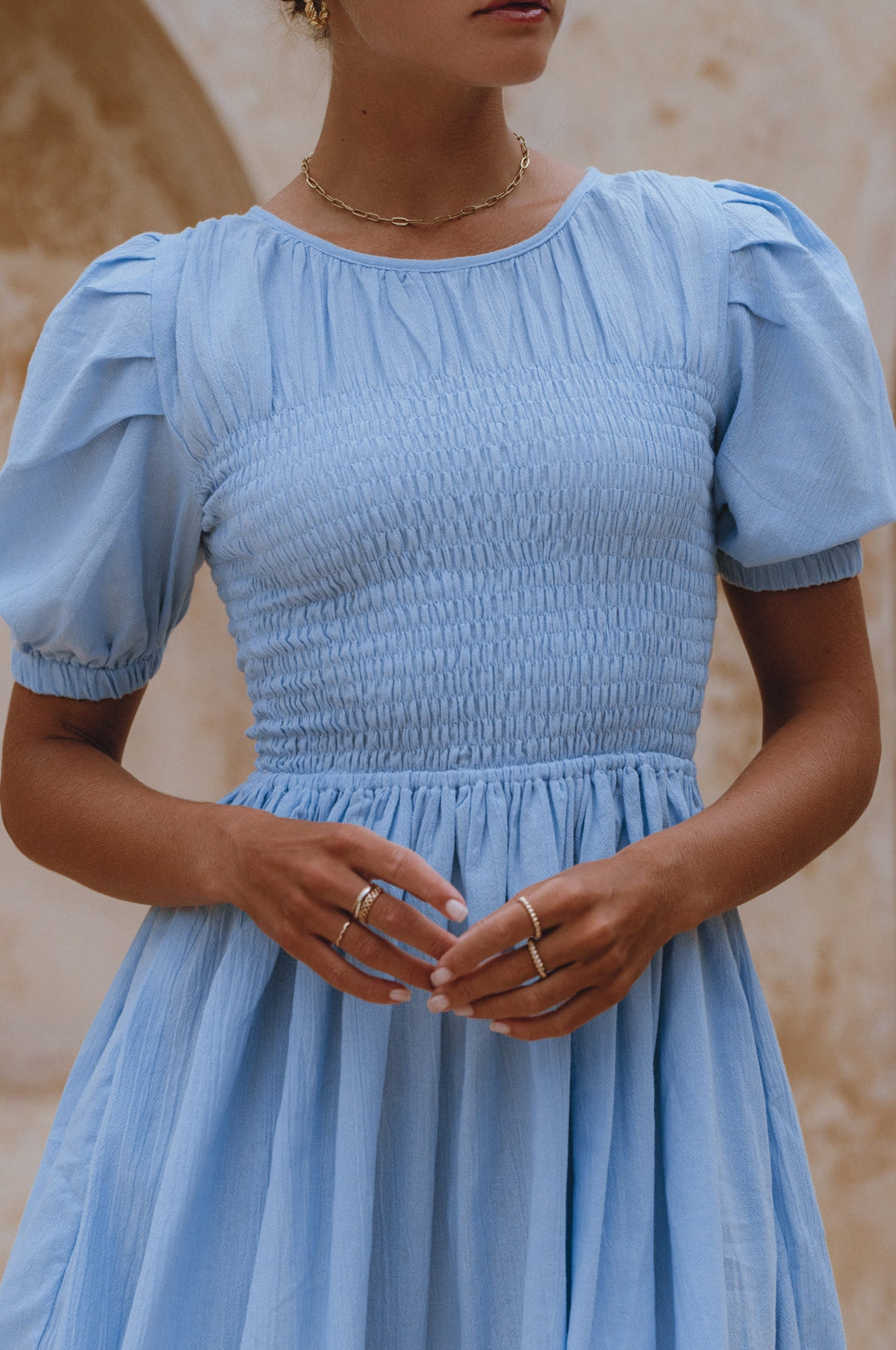 Elodie Smocked Linen Mini Dress by Bali Lane