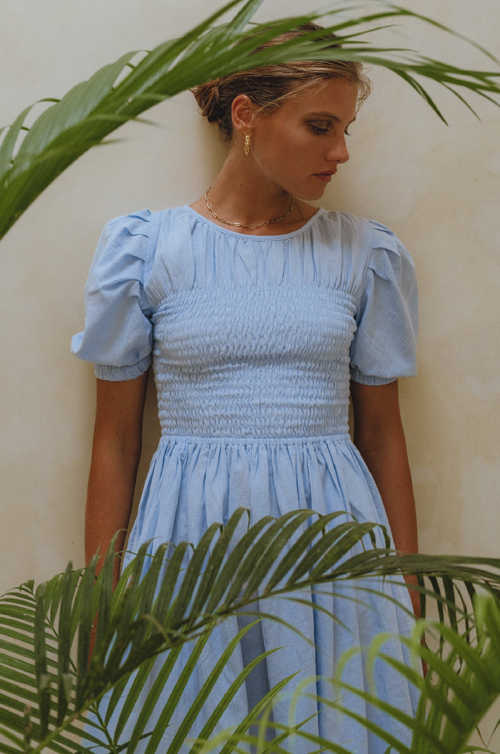 Elodie Smocked Linen Mini Dress by Bali Lane