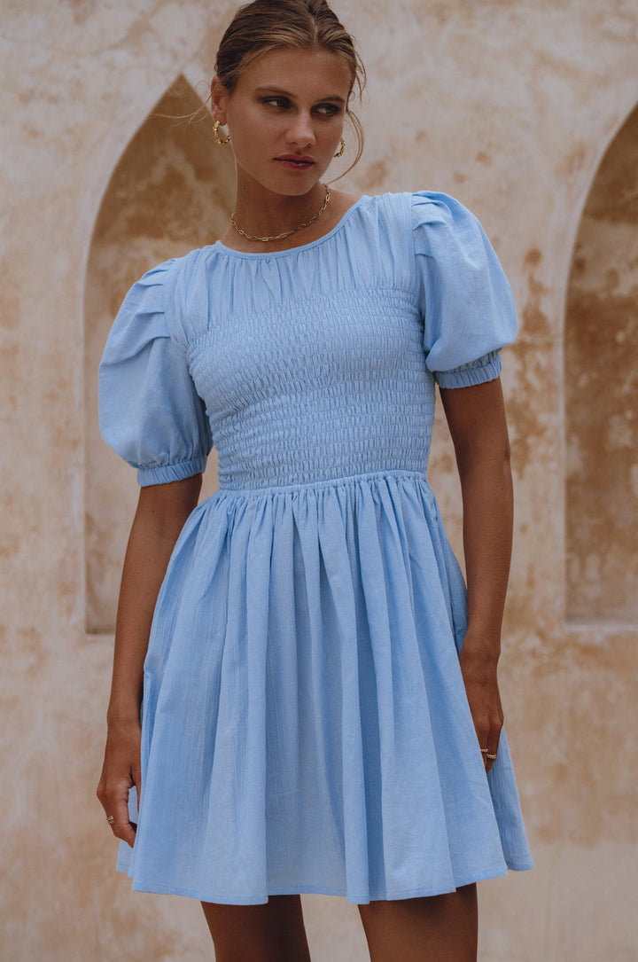 Elodie Smocked Linen Mini Dress by Bali Lane