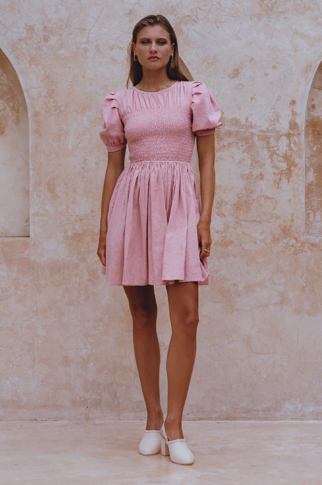 Elodie Smocked Linen Mini Dress by Bali Lane