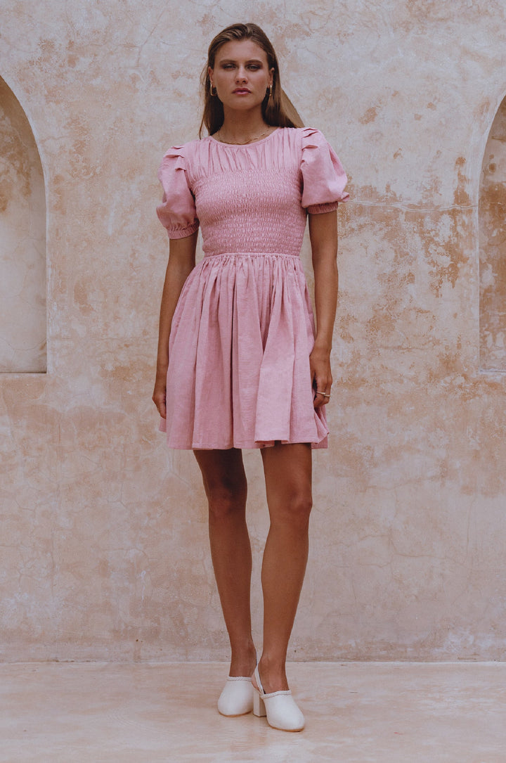Elodie Smocked Linen Mini Dress by Bali Lane