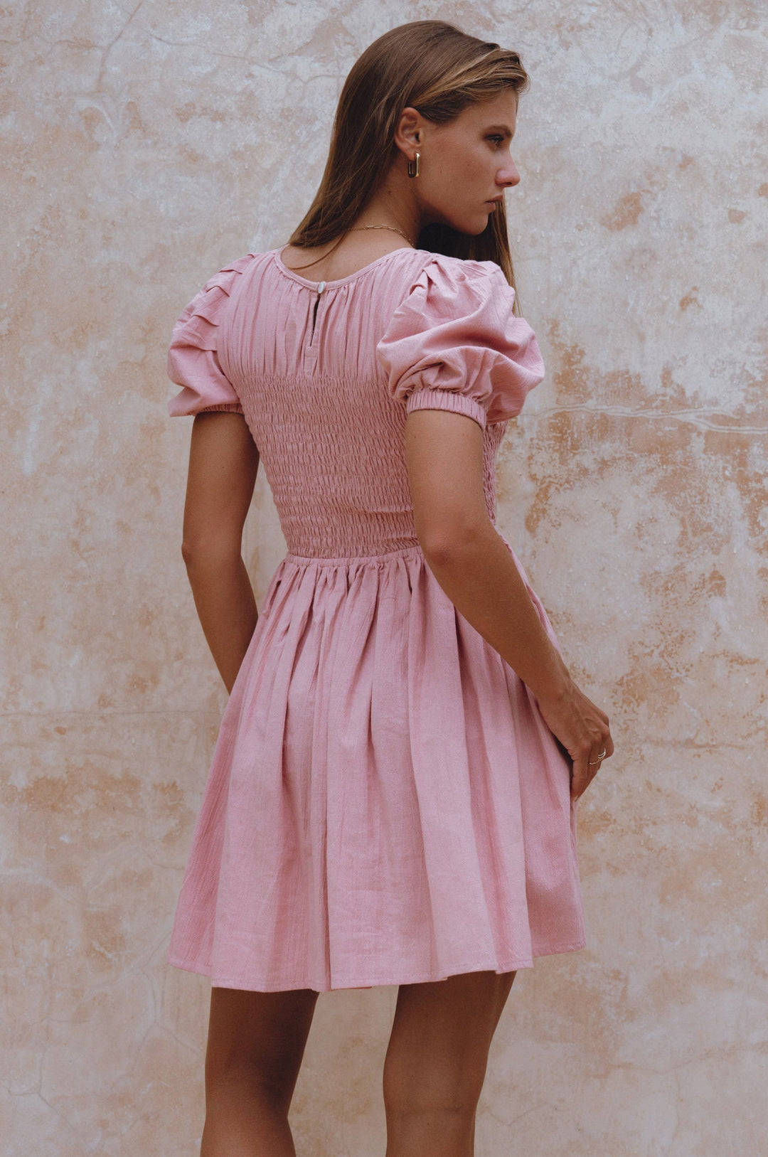 Elodie Smocked Linen Mini Dress by Bali Lane