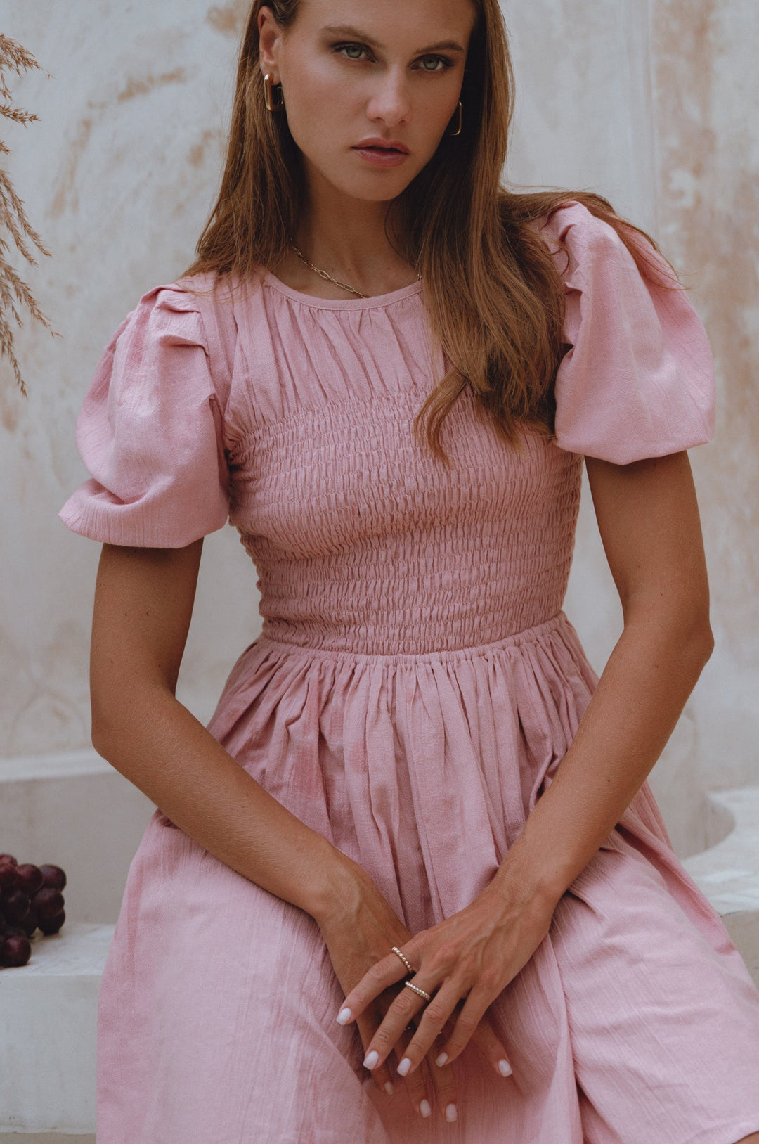 Elodie Smocked Linen Mini Dress by Bali Lane