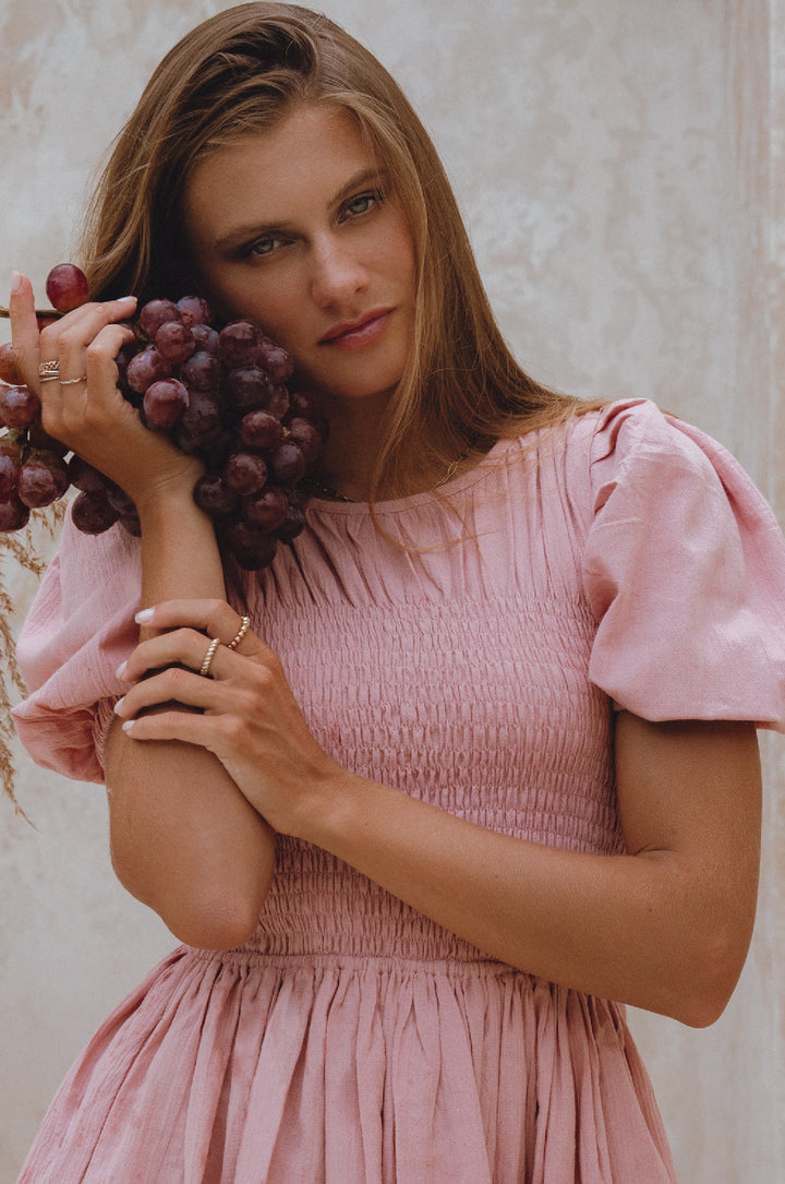 Elodie Smocked Linen Mini Dress by Bali Lane