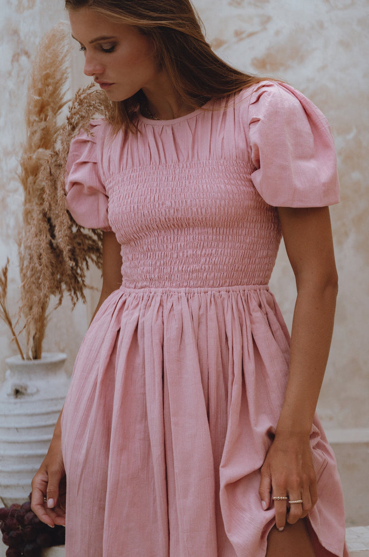 Elodie Smocked Linen Mini Dress by Bali Lane