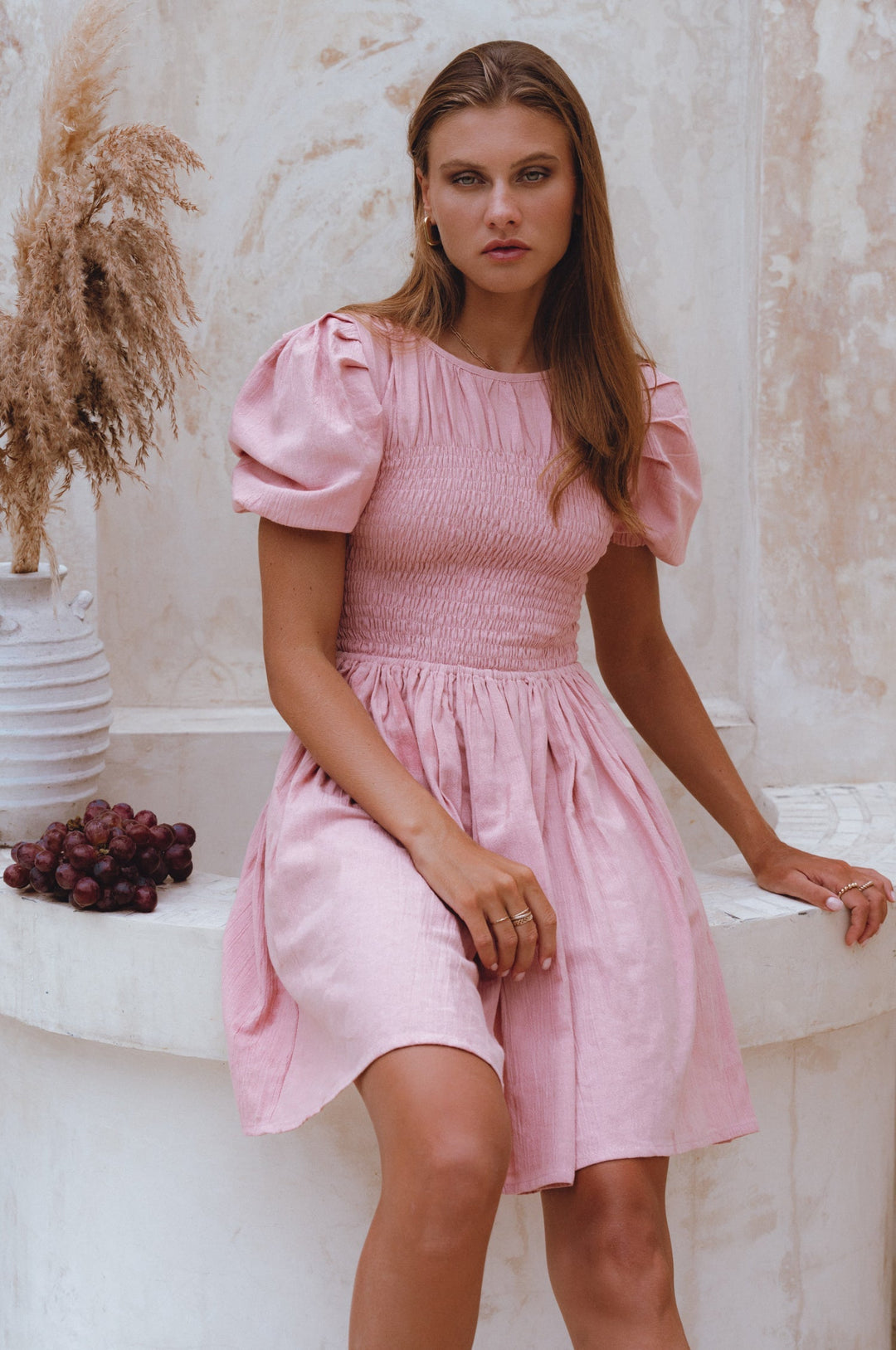 Elodie Smocked Linen Mini Dress by Bali Lane