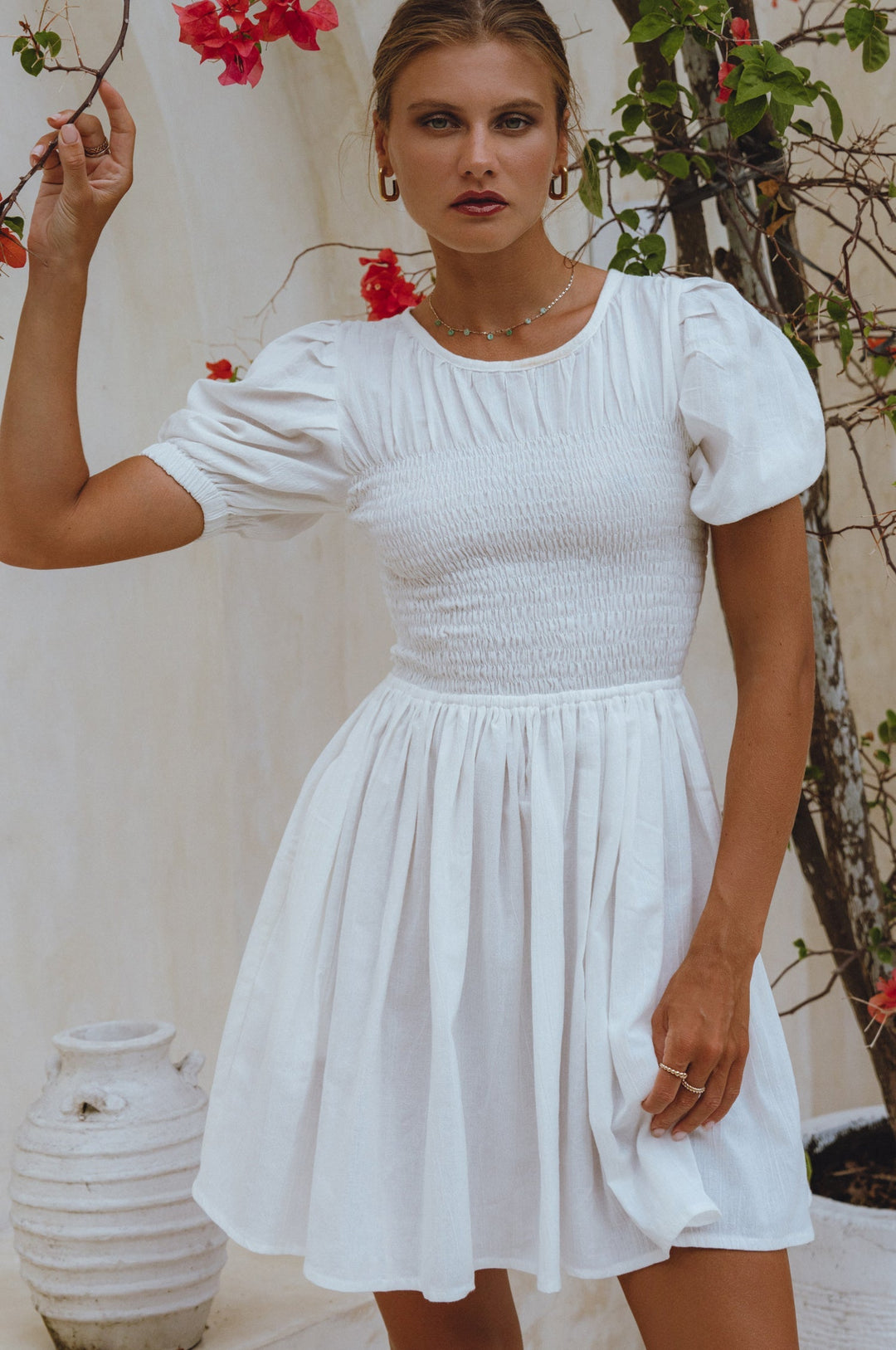 Elodie Smocked Linen Mini Dress by Bali Lane