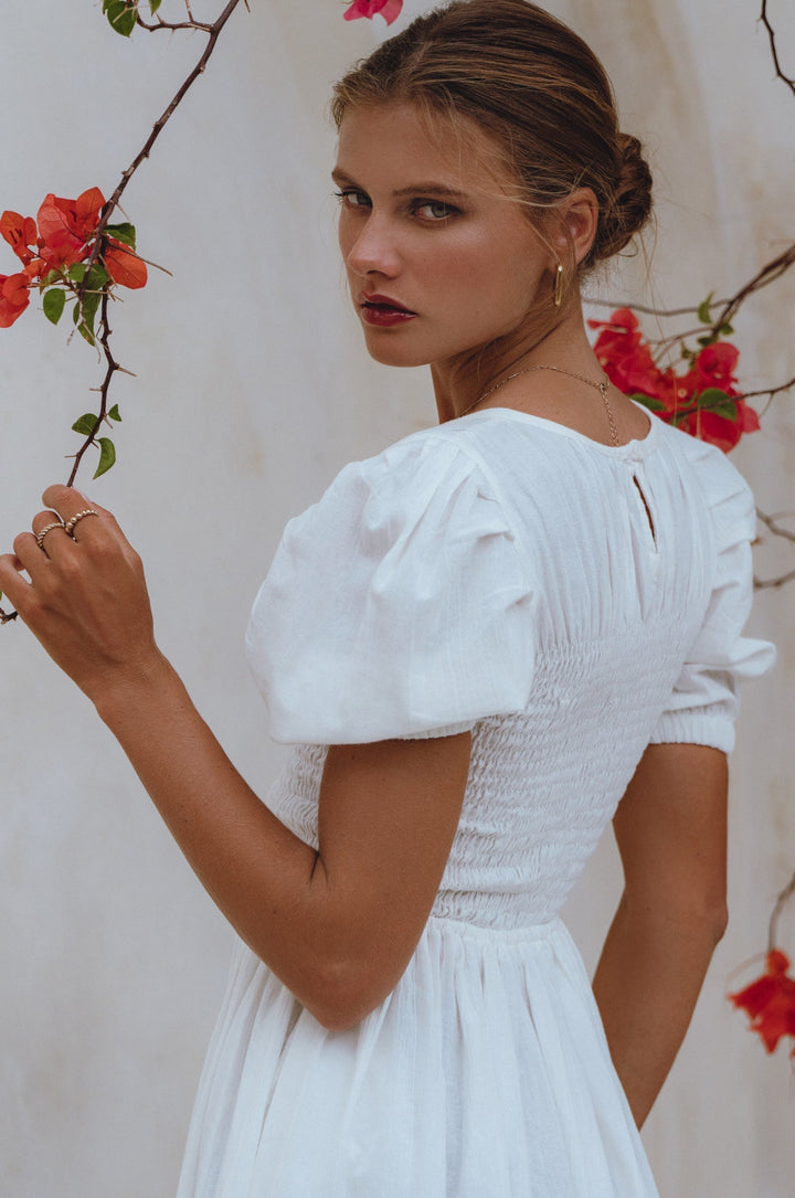 Elodie Smocked Linen Mini Dress by Bali Lane
