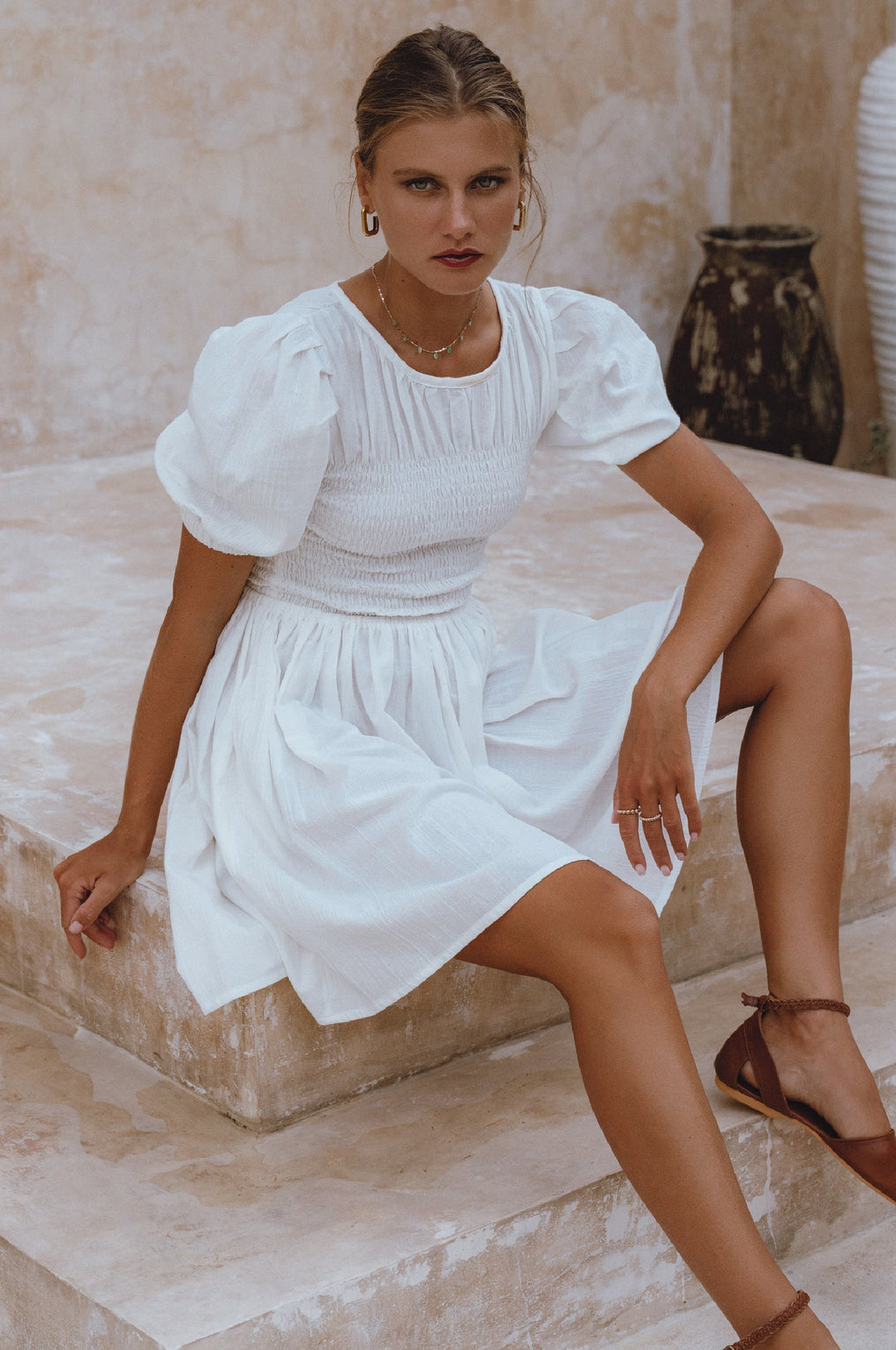 Elodie Smocked Linen Mini Dress by Bali Lane