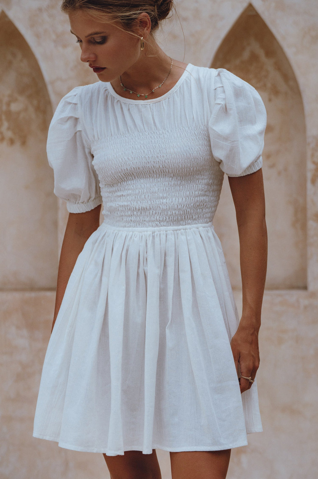 Elodie Smocked Linen Mini Dress by Bali Lane