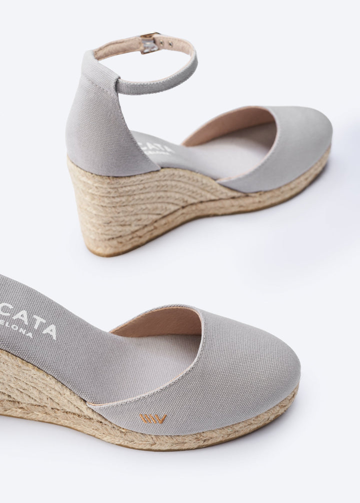 Estartit Ash Grey Canvas Ankle Strap Women Espadrille Wedges U Cut Detail
