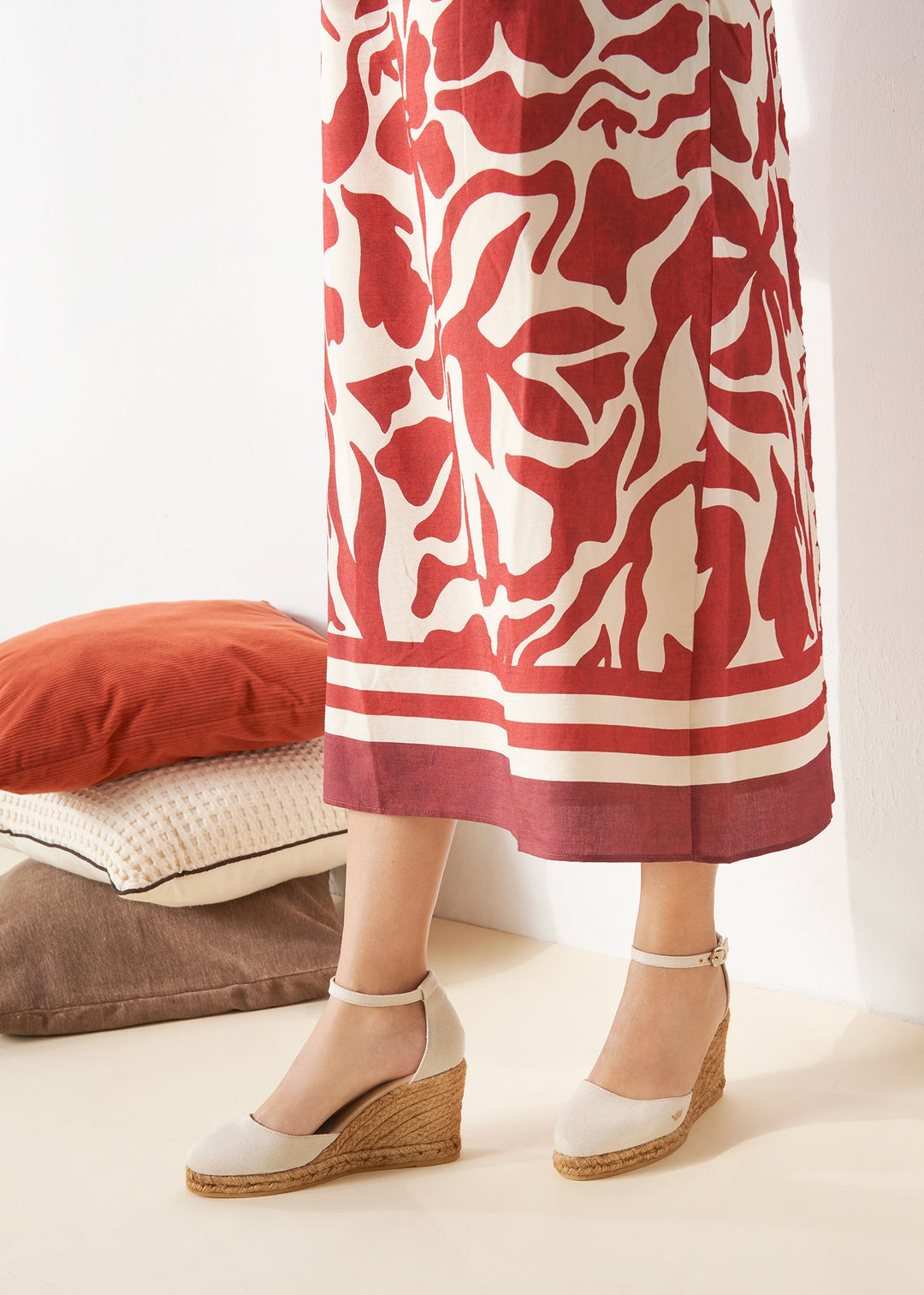 Estartit Beige Canvas Ankle Strap Women Espadrille Wedges Legs