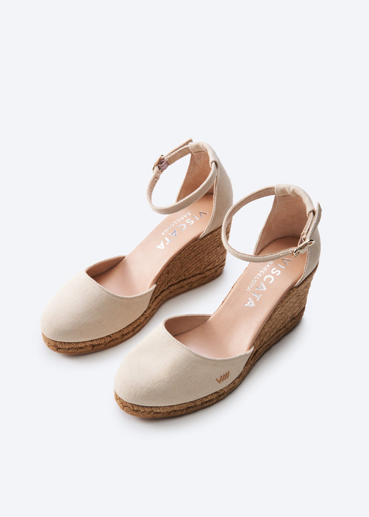Estartit Beige Canvas Ankle Strap Women Espadrille High Heel Wedges