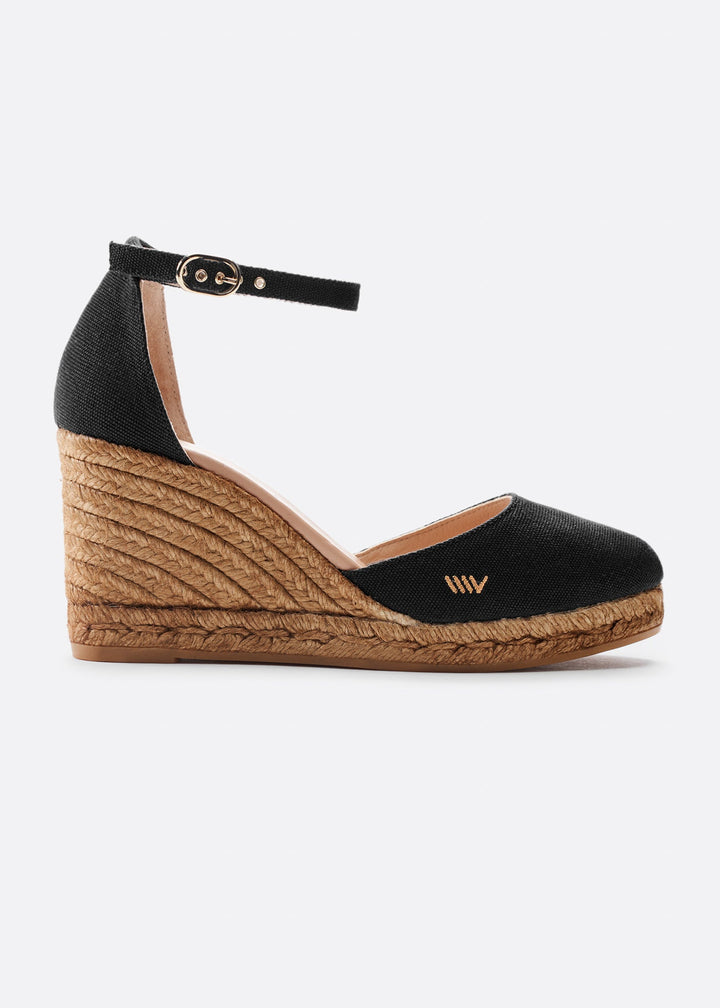 Estartit Black Canvas Ankle Strap Women Espadrille Wedge
