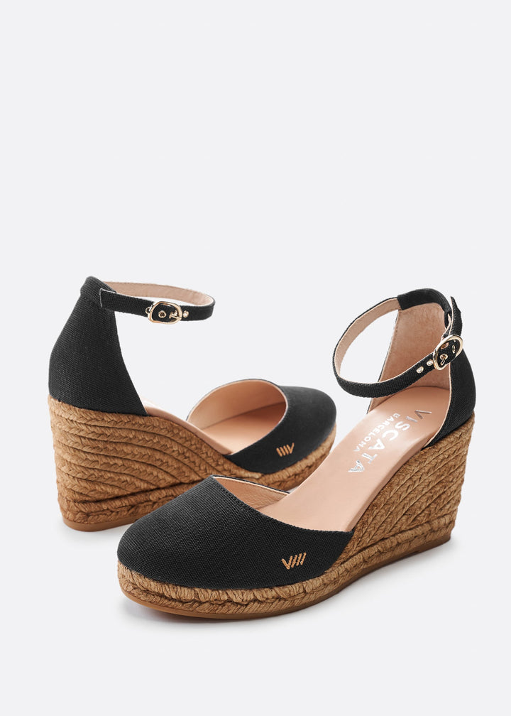 Estartit Black Canvas Ankle Strap Women Espadrille Wedges