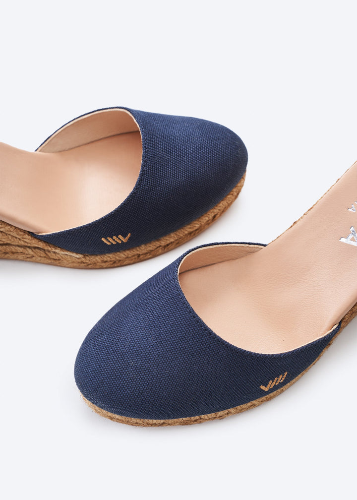 Estartit Navy Blue Canvas Ankle Strap Women Espadrille Wedges U Cut Detail