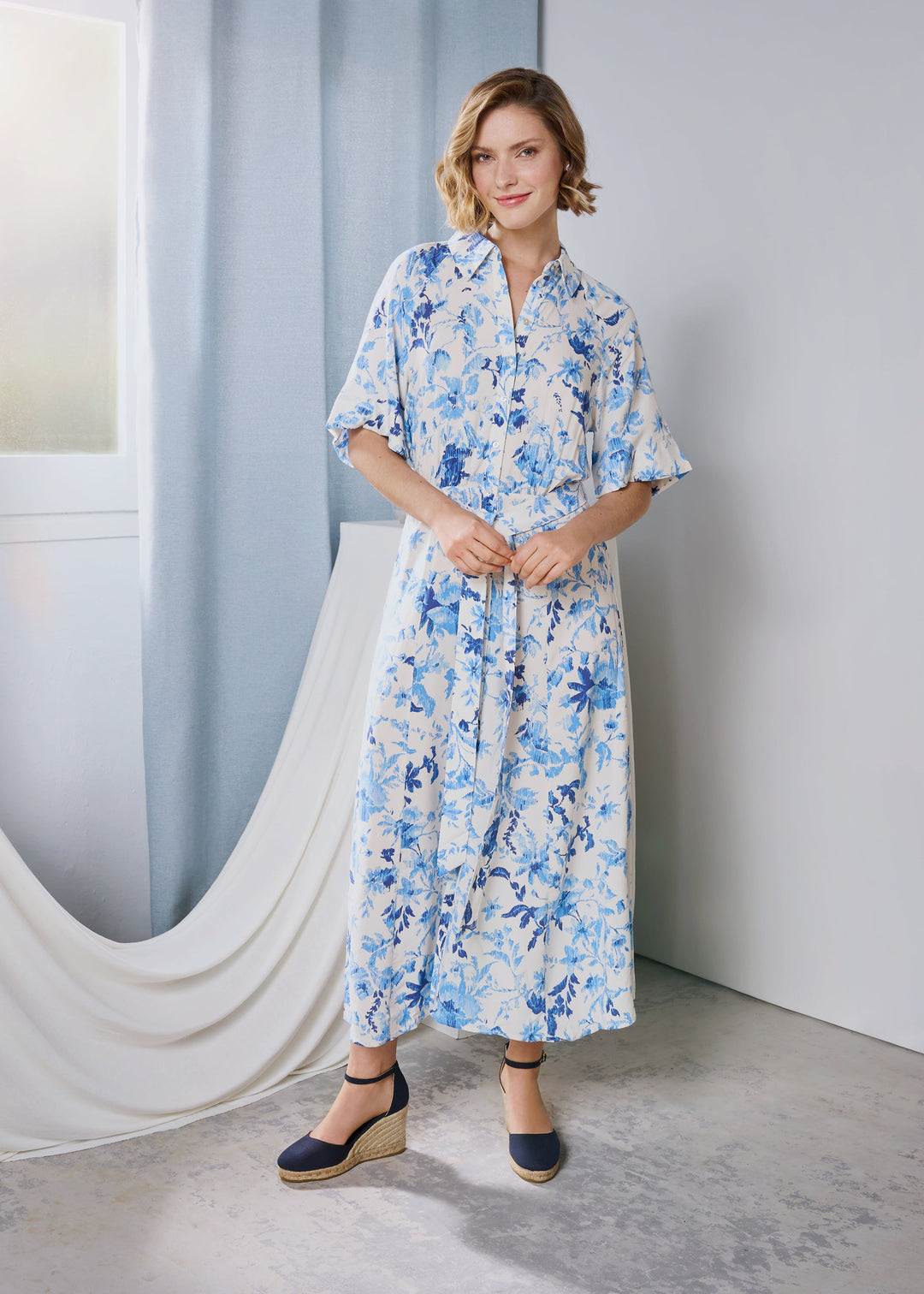 Estartit Navy Blue Canvas Ankle Strap Women Espadrille High Wedges Outfit