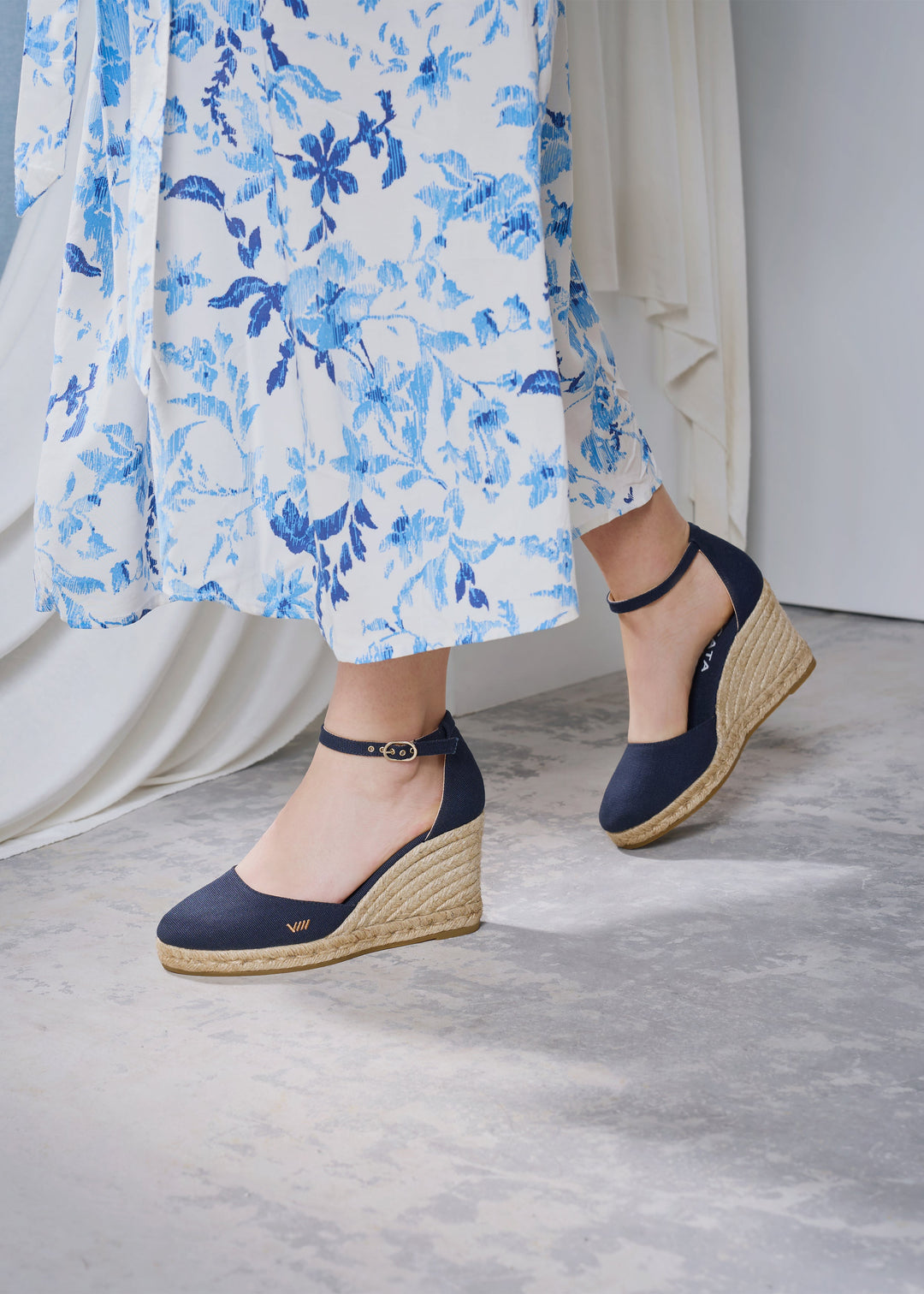 Estartit Navy Blue Canvas Ankle Strap Women Espadrille High Wedges Legs
