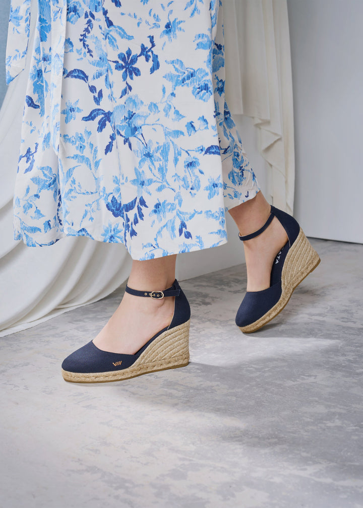 Estartit Navy Blue Canvas Ankle Strap Women Espadrille High Wedges Legs