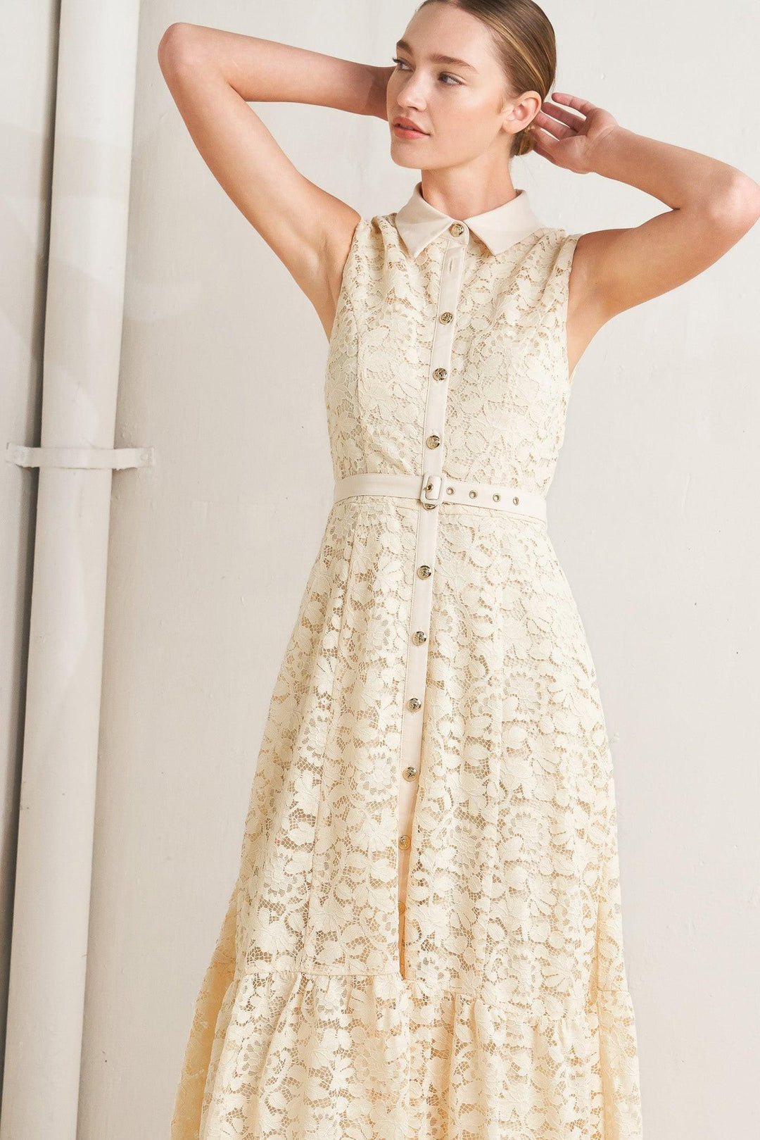 PURELY ROMANTIC WOVEN LACE MIDI DRESS