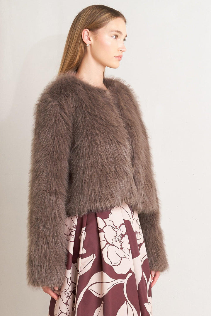 LONDON FLARE MOCHA FAUX FUR CROP JACKET