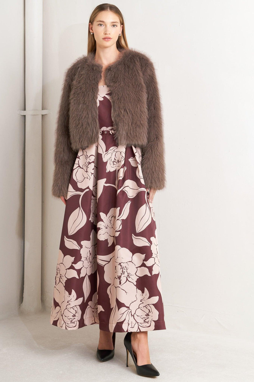 LONDON FLARE MOCHA FAUX FUR CROP JACKET