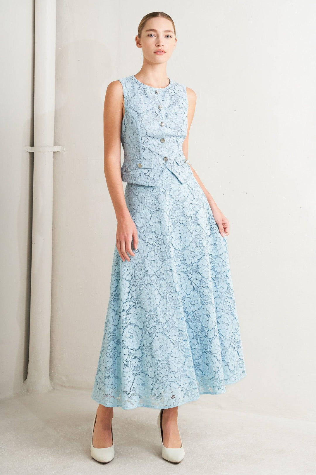 PURELY ROMANTIC WOVEN LACE MIDI SKIRT